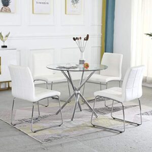dining table set for 4, modern kitchen table and chairs set for small space, round glass dining room table and faux leather dining chairs dining room set of 5 pieces – white