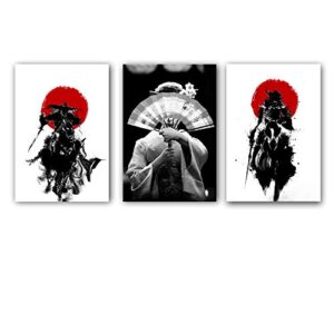mm art black white japanese geisha with folding fan painting canvas art ancient japan samurai red sun figure painting minimalist nordic wall art picture for living room modern home decor (40x60cm 3pcs)