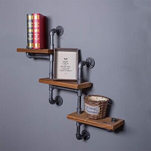 FOTEE Industrial Bookshelf Pipe Shelves 3 Tiers, Rustic Wood Shelf Wall Mounted, Metal Corner Hung Bracket Shelving Floating Shelves Home Decor Shelf,Black