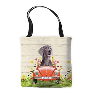 personalized spring dog tote bag funny weimaraner dog driving a vintage car summer flowers and lawn funny puppy animal pet decor shoulder bag handbag casual tote