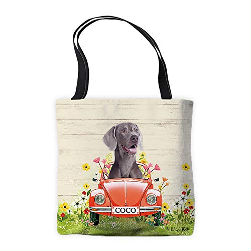 Personalized Spring Dog Tote Bag Funny Weimaraner Dog Driving a Vintage Car Summer Flowers and Lawn Funny Puppy Animal Pet Decor Shoulder Bag Handbag Casual Tote