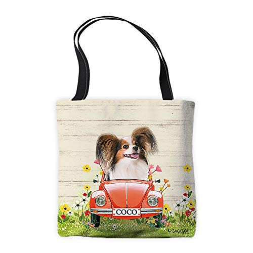 Personalized Spring Dog Tote Bag Papillon Dog Driving a Vintage Car Summer Flowers and Lawn Funny Puppy Animal Pet Decor Shoulder Bag Handbag Casual Tote