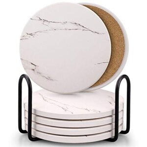coasters for drinks, absorbent ceramic stone coasters set with metal holder stand, cork base, marble surface pattern, cups place mats for home decor, set of 6 – white