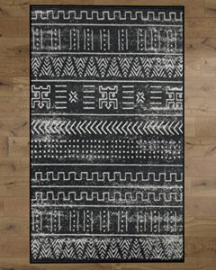 deerlux boho living room area rug with nonslip backing, black tribal pattern, 3 x 5 ft extra small