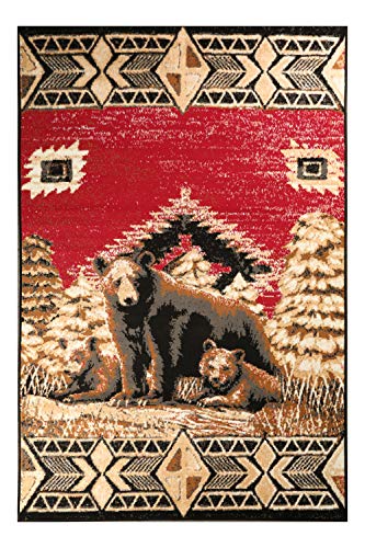 Furnish my Place Wildlife Lodge Rug – 5ft. x 8ft., Multicolor Cabin Rug with Bear Print, Geometric Design, Jute Backing. Countryside Interior Decoration
