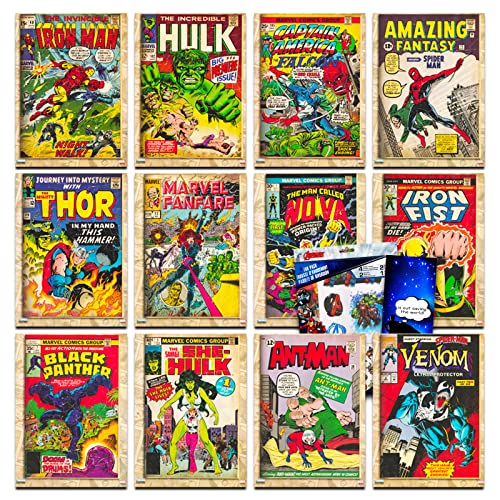 Marvel Comics Poster Set for Kids ~ 12 Pc Bundle with Marvel Superhero Posters for Room Decor and Walls, Stickers | Comic Book Prints