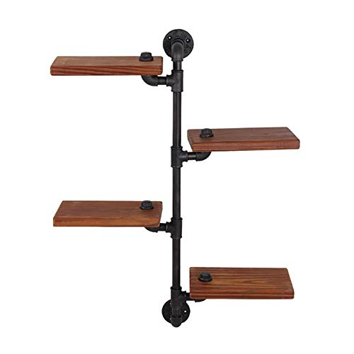 FOTEE Industrial Pipe Shelves with Wood 4-Tiers, Rustic Wall Mount Shelf, Metal Hung Bracket Bookshelf, DIY Storage Shelving Floating Shelves for Room/Kitchen/Office,Black