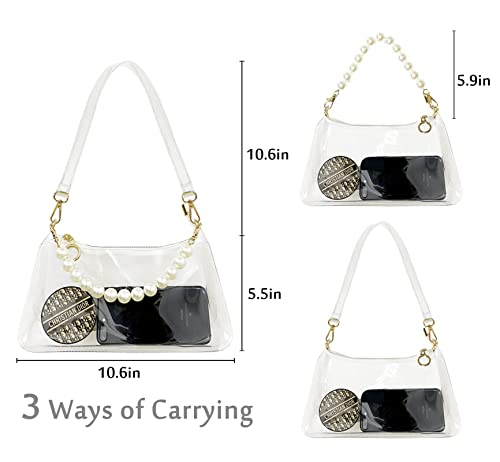 Sintra Clear Purse for Women, Clear Cute Hobo Tote Handbag Mini Clutch Bag with Pearl chain Stadium Approved for Concerts, See Through Transparent Bag, Gift for Women