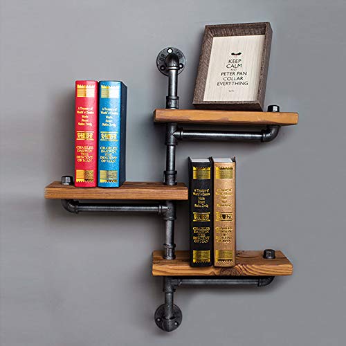 FOTEE Industrial Bookshelf Pipe Shelves 3 Tiers, Rustic Wood Shelf Wall Mounted, Metal Corner Hung Bracket Shelving Floating Shelves for Books, Bedroom, Living Room, Bathroom,Black
