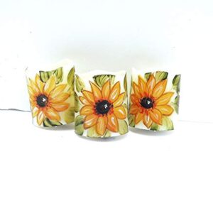 Decorative Small 1 1/2 Inch Off White Plastic Battery Operated Flameless Flickering Flame Votive Candles Set of Three with Hand Painted Sunflowers Boho Decor Goddess Arts Collection