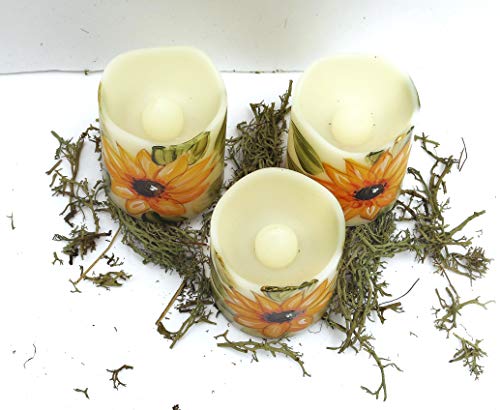 Decorative Small 1 1/2 Inch Off White Plastic Battery Operated Flameless Flickering Flame Votive Candles Set of Three with Hand Painted Sunflowers Boho Decor Goddess Arts Collection