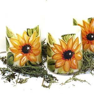 Decorative Small 1 1/2 Inch Off White Plastic Battery Operated Flameless Flickering Flame Votive Candles Set of Three with Hand Painted Sunflowers Boho Decor Goddess Arts Collection