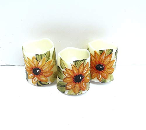 Decorative Small 1 1/2 Inch Off White Plastic Battery Operated Flameless Flickering Flame Votive Candles Set of Three with Hand Painted Sunflowers Boho Decor Goddess Arts Collection