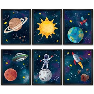 outer space posters for boys room decor – 8×10 inches unframed set of 6 wall art – watercolor prints pictures decor decorations gifts merch comics characters for man cave boys room nursery kids rooms bedrooms toddlers teens bathrooms girls rooms by print’