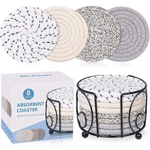 belphust coasters for drinks of 8 pcs,absorbent drink coaster with holder,4 colors cute cotton woven coaster set for coffee table tabletop protection,suitable for kinds of cups,home decor,4.5inches