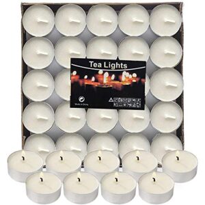 50pack tealight candles,unscented tea lights candles, white, smokeless, dripless & 6hours burn time long burning paraffin tea candles for home, romantic decor，pool, shabbat, weddings & emergencies
