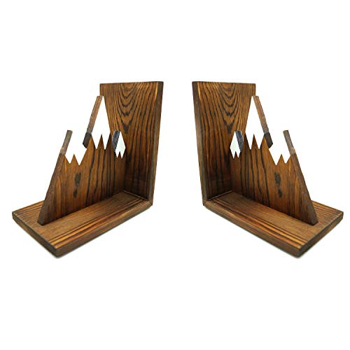 IT'S HAPPY TIME Mountain Wooden Bookends - Nonslip, Heavy Duty and Rustic Decor for Home and Office Shelves