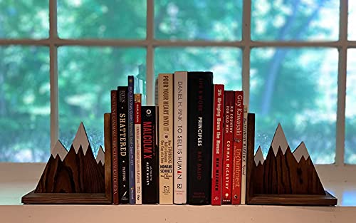 IT'S HAPPY TIME Mountain Wooden Bookends - Nonslip, Heavy Duty and Rustic Decor for Home and Office Shelves