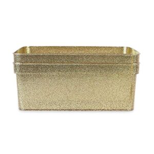 Isaac Jacobs Medium Glitter Storage Bin (14” x 11.5” x 5.5”) Set w/Cut-Out Handles, Plastic Organizer, Multi-Functional, Home Storage Solution, Kids Playroom, Bedroom, Closet (2, Gold)