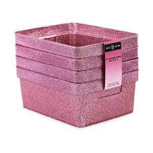 isaac jacobs small glitter storage bin (10” x 7.5” x 4.25”) set w/cut-out handles, plastic organizer, multi-functional, home storage solution, kids playroom, bedroom, closet (4, pink)