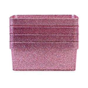 Isaac Jacobs Small Glitter Storage Bin (10” x 7.5” x 4.25”) Set w/Cut-Out Handles, Plastic Organizer, Multi-Functional, Home Storage Solution, Kids Playroom, Bedroom, Closet (4, Pink)