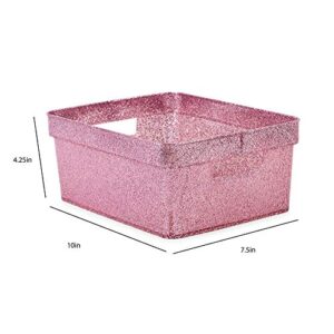 Isaac Jacobs Small Glitter Storage Bin (10” x 7.5” x 4.25”) Set w/Cut-Out Handles, Plastic Organizer, Multi-Functional, Home Storage Solution, Kids Playroom, Bedroom, Closet (4, Pink)