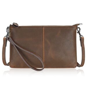 befen vintage brown crazy horse leather wristlet clutch wallet purse small crossbody bag for women（brown – crazy horse leather）