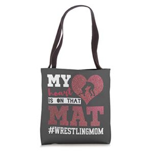 wrestling mom my heart is on that mat design for mother tote bag