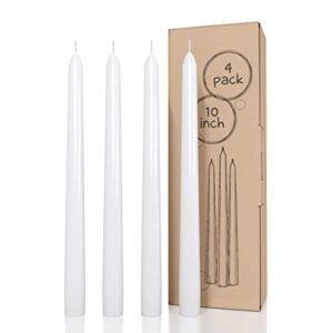 candwax white taper candles 10 inch dripless – set of 4 tapered candles ideal as dinner candles – smokeless and unscented taper candles long burning – hand poured tall candlesticks
