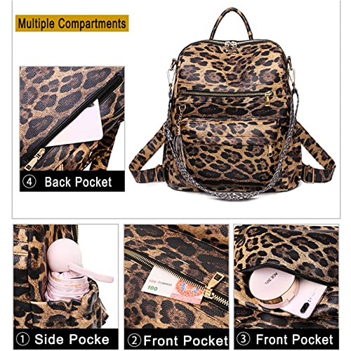 Backpack Purse for Women with Wide Leopard Shoulder Strap Convertible Women Fashion Daypack, Brown