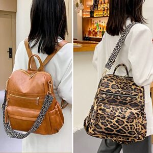 Backpack Purse for Women with Wide Leopard Shoulder Strap Convertible Women Fashion Daypack, Brown