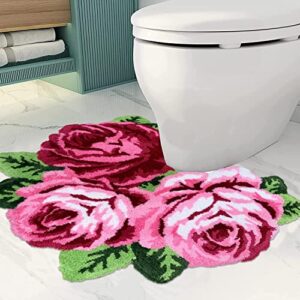 rose shaped rug bathroom rug soft shaggy microfiber rose bath mat water absorbent plush fuzzy bath carpet u-shaped toilet mat machine washable non slip bath rug, pink