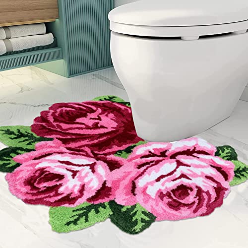 Rose Shaped Rug Bathroom Rug Soft Shaggy Microfiber Rose Bath Mat Water Absorbent Plush Fuzzy Bath Carpet U-Shaped Toilet Mat Machine Washable Non Slip Bath Rug, Pink