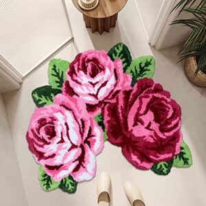 Rose Shaped Rug Bathroom Rug Soft Shaggy Microfiber Rose Bath Mat Water Absorbent Plush Fuzzy Bath Carpet U-Shaped Toilet Mat Machine Washable Non Slip Bath Rug, Pink