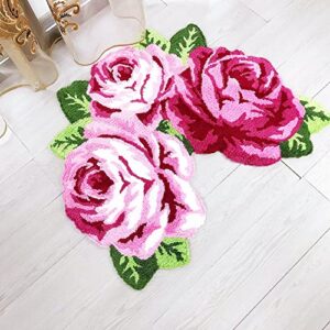 Rose Shaped Rug Bathroom Rug Soft Shaggy Microfiber Rose Bath Mat Water Absorbent Plush Fuzzy Bath Carpet U-Shaped Toilet Mat Machine Washable Non Slip Bath Rug, Pink