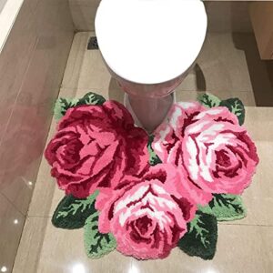 Rose Shaped Rug Bathroom Rug Soft Shaggy Microfiber Rose Bath Mat Water Absorbent Plush Fuzzy Bath Carpet U-Shaped Toilet Mat Machine Washable Non Slip Bath Rug, Pink