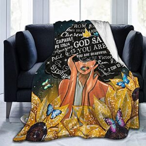 SOULDOOR African American Blanket Black Woman Queen Sunflower Throw Blanket Ultra Soft Fleece Blanket for Home Travel Couch Sofa Warm Cozy Fuzzy Blanket for Kids Adults Girl Gift All Season 60"X50"