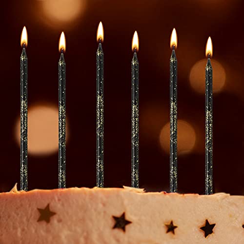 24 Pieces Birthday Cake Candles Long Thin Cupcake Candles Metallic Cake Toppers Candles for Birthday Wedding Anniversary Graduation Retirement Party Decoration (Black Gold)