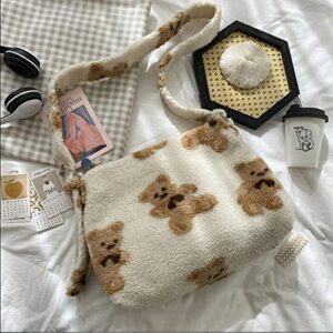 women lamb like fabric shoulder tote bag canvas fluffy fur bear handbags soft cute bag