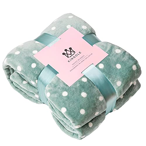 Kingole Flannel Fleece Microfiber Throw Blanket, Luxury Celadon Queen Size Dot Pattern Lightweight Cozy Couch Bed Super Soft and Warm Plush Solid Color 350GSM (90 x 90 inches)