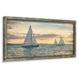 Ocean Framed Wooden Wall Art: Coastal Painting Art 40"x20" Sail Boats Artwork Decor Sunset Seascape Picture Prints for Office