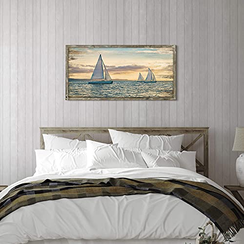 Ocean Framed Wooden Wall Art: Coastal Painting Art 40"x20" Sail Boats Artwork Decor Sunset Seascape Picture Prints for Office