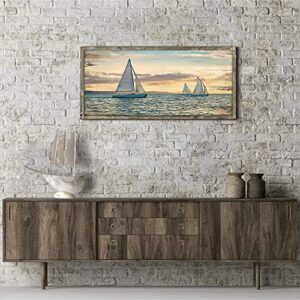 Ocean Framed Wooden Wall Art: Coastal Painting Art 40"x20" Sail Boats Artwork Decor Sunset Seascape Picture Prints for Office