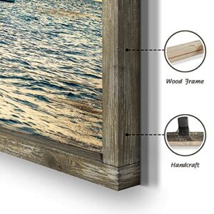 Ocean Framed Wooden Wall Art: Coastal Painting Art 40"x20" Sail Boats Artwork Decor Sunset Seascape Picture Prints for Office