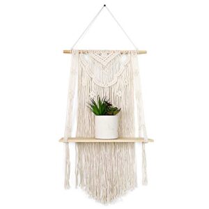 gregco handmade macrame wall hanging shelf – decorative floating bohemian shelf for plants, books and vases – woven and handmade display shelving unit for homes or office