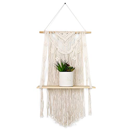 GregCo Handmade Macrame Wall Hanging Shelf - Decorative Floating Bohemian Shelf for Plants, Books and Vases - Woven and Handmade Display Shelving Unit for Homes or Office