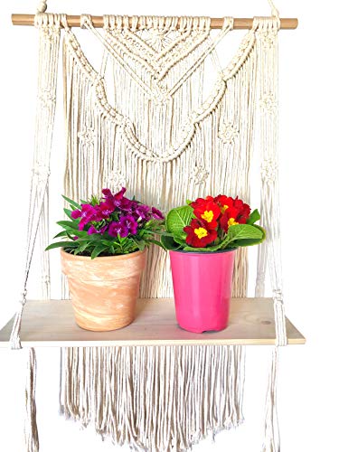 GregCo Handmade Macrame Wall Hanging Shelf - Decorative Floating Bohemian Shelf for Plants, Books and Vases - Woven and Handmade Display Shelving Unit for Homes or Office