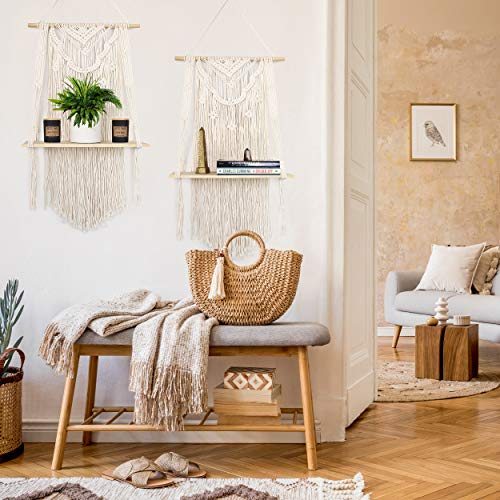 GregCo Handmade Macrame Wall Hanging Shelf - Decorative Floating Bohemian Shelf for Plants, Books and Vases - Woven and Handmade Display Shelving Unit for Homes or Office