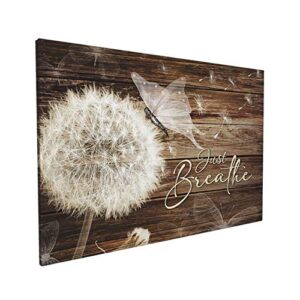 HANKCLES Rustic Wall Art Just Breathe Dandelion pictures wall decor White Flower Floral wall decor Painting Canvas Wall Art- Just Breath For Bathroom pictures wall Decor Bedroom Living Room Framed Ready To Hang 16x24 Inch