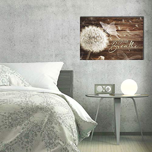 HANKCLES Rustic Wall Art Just Breathe Dandelion pictures wall decor White Flower Floral wall decor Painting Canvas Wall Art- Just Breath For Bathroom pictures wall Decor Bedroom Living Room Framed Ready To Hang 16x24 Inch